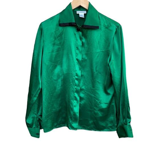 Evan Picone green button front long sleeve blouse black embellishment size 4 - Picture 1 of 8